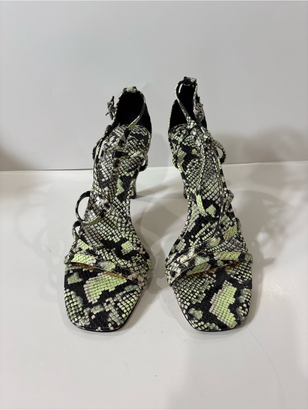 Jessica Simpson Black and Lime Snake-Print Strappy Stiletto Sandals
